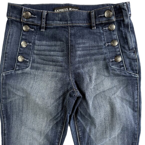 EXPRESS Bell Flare Mid Rise Blue Jeans Size 4 Nautical Button Stretch Denim - Picture 3 of 13